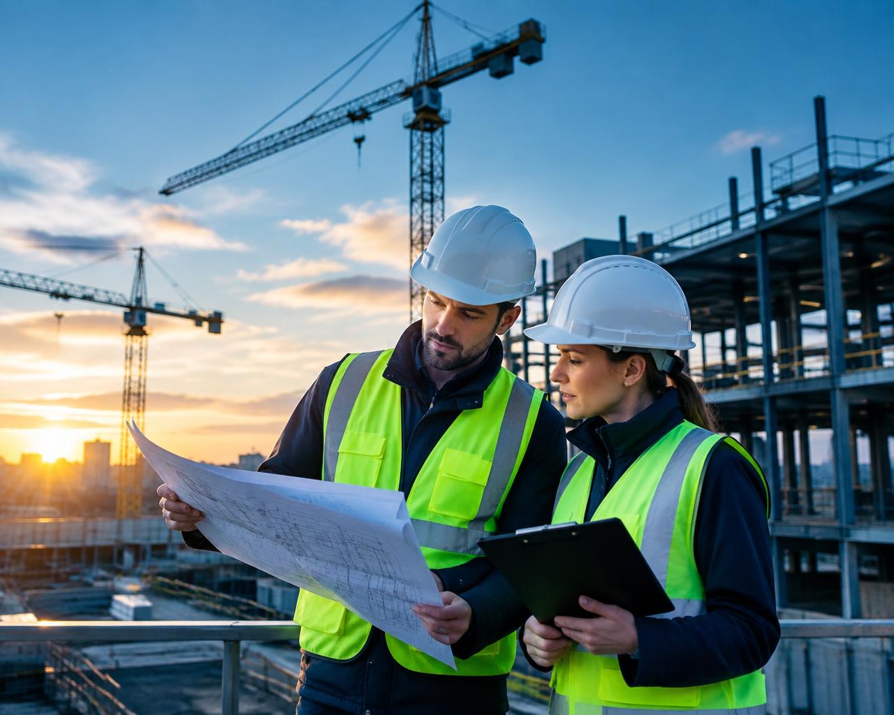 Construction manager and engineer reviewing plans on a building site with tower cranes at sunset