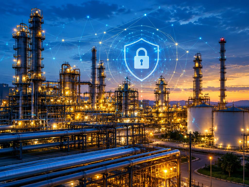 Industrial process plant at dusk protected by a digital security shield