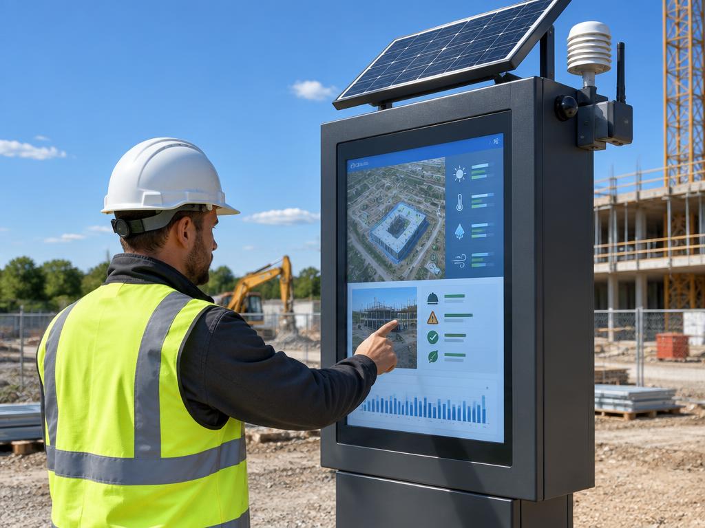 Worker using a digital information board on a construction site