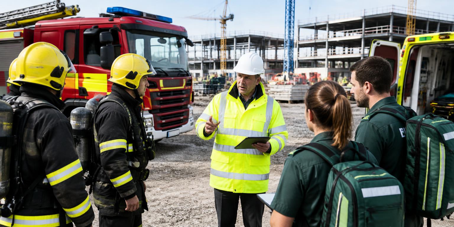 Site incident commander briefing fire and ambulance crews on a construction site