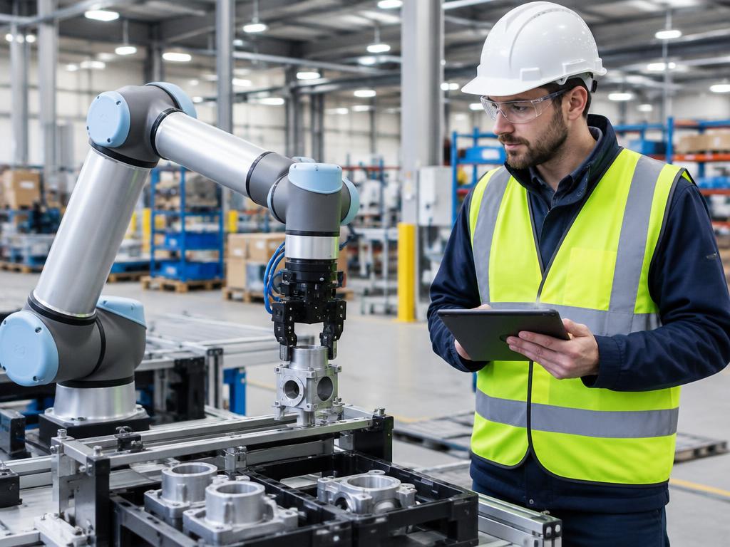 Engineer with a tablet working alongside a collaborative robot arm