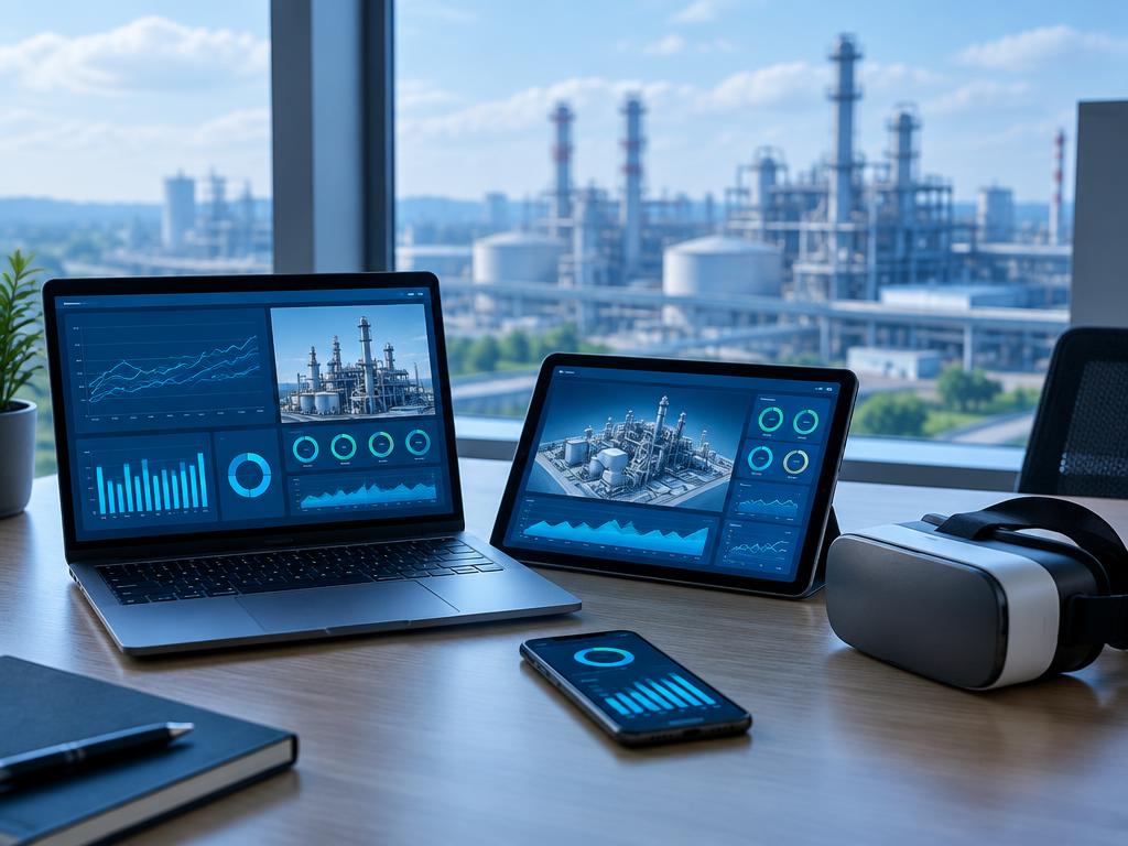 Laptop, tablet, phone and headset showing live workplace dashboards